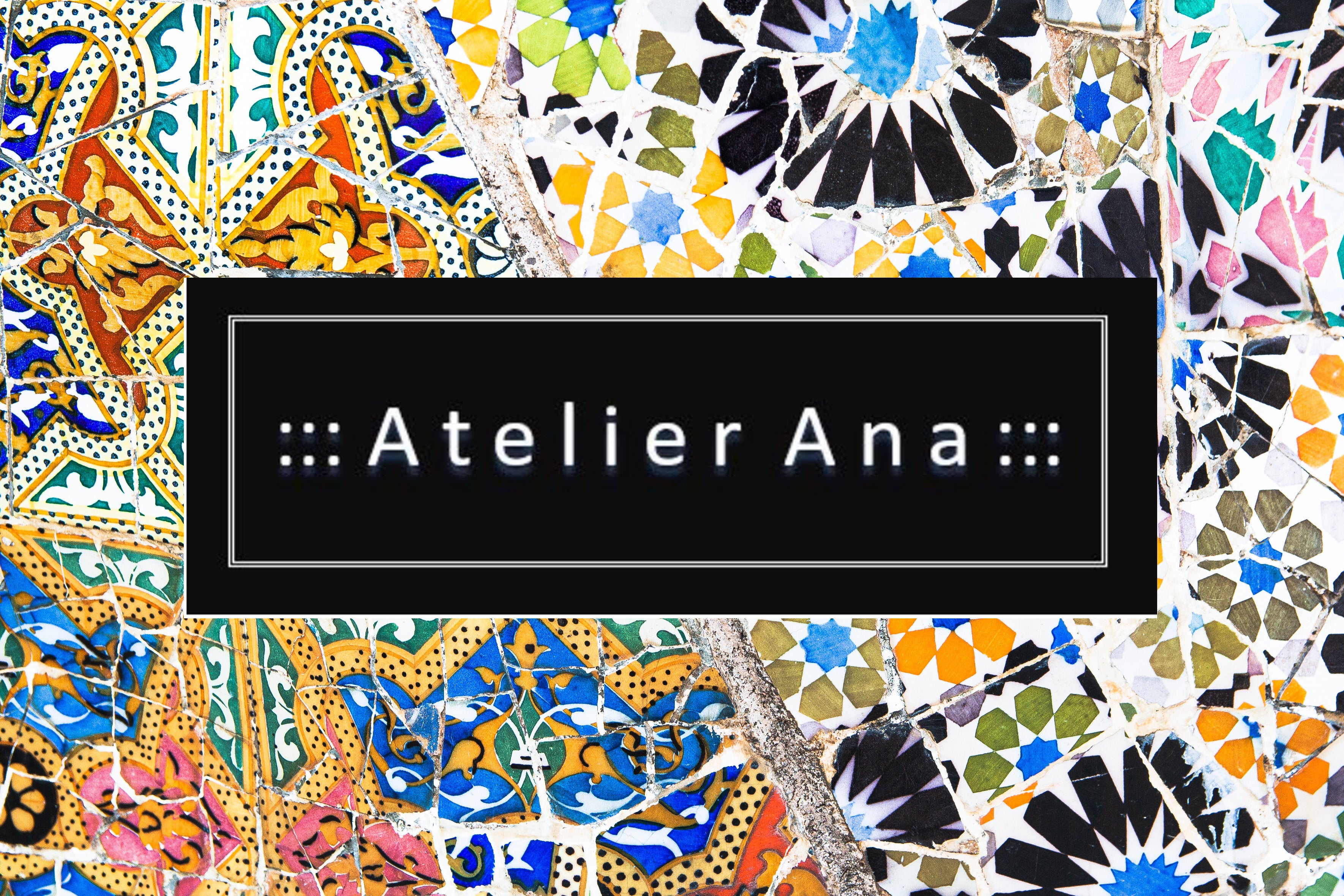 Atelier Ana logo on a background of a Gaudi design