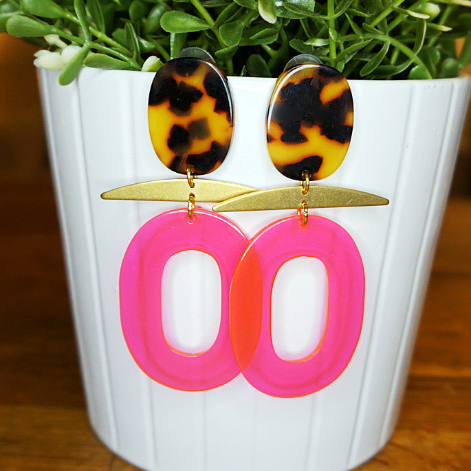 Neon Pink & Tortoiseshell Oval Stud Dangle