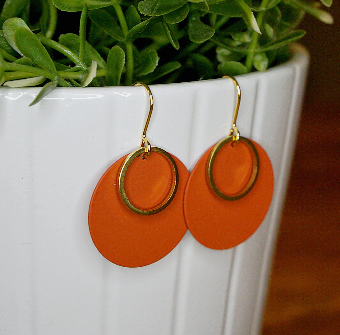 Handmade earrings | Burnt Orange Disc & Brass Dangle