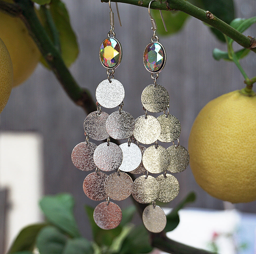 Silver Discs & Tan Gem Chandelier Drop