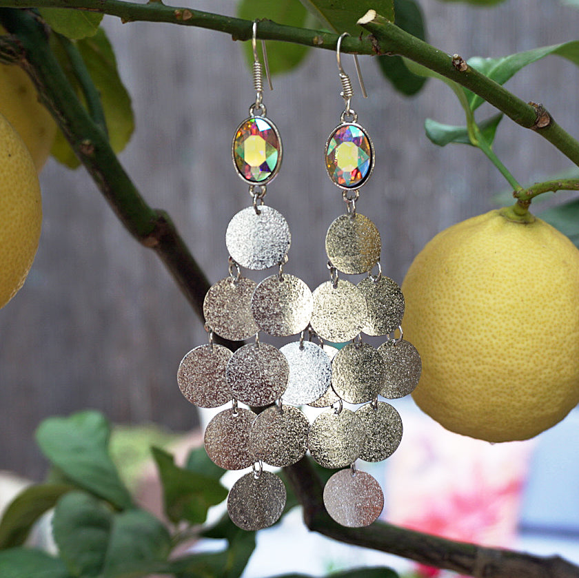 Silver Discs & Tan Gem Chandelier Drop